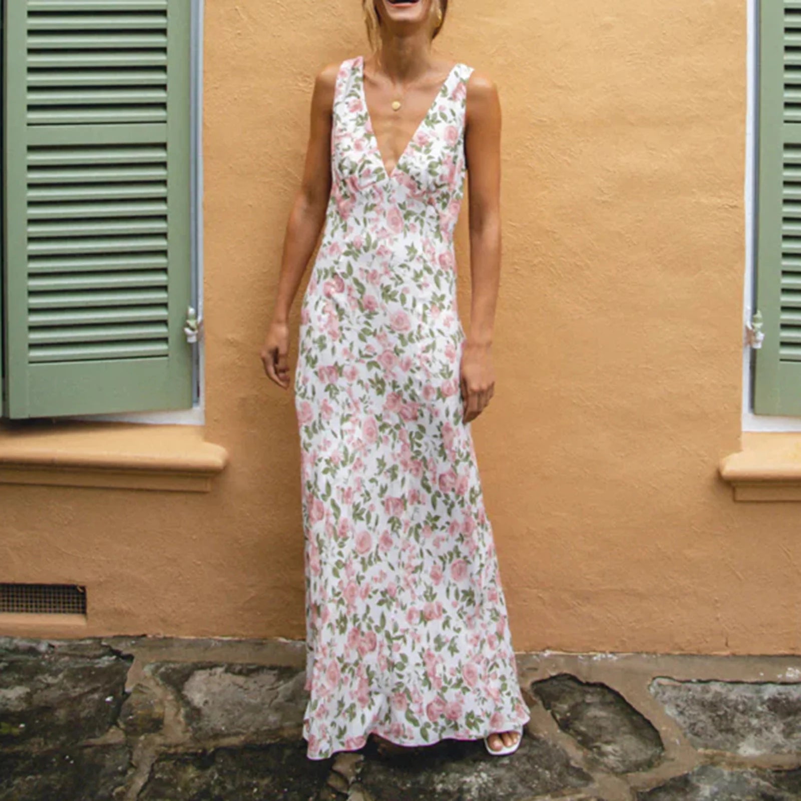 LIZAKOSHT  -  Women Y2k V Neck Maxi Dress Vintage Floral Print Sleeveless Backless Long Dress Bohemian Beach Midi Dress Streetwear