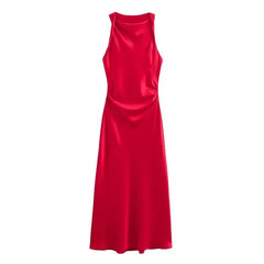 LIZAKOSHT  -  Summer New Women Sleeveless Dress Fashion Temperament Sexy Silk Satin Texture Solid Color Midi Long Dress Women Elegant