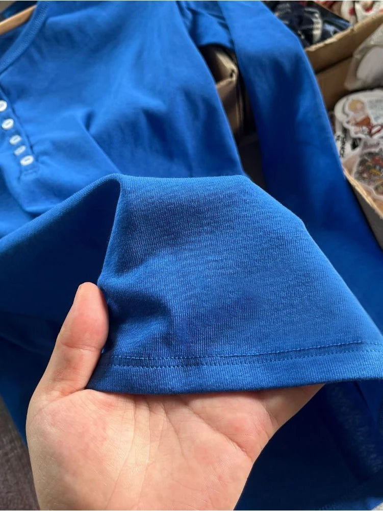 LIZAKOSHT  -  Six Buttons Royal Blue Long Sleeve T-shirts Women Autumn O-neck Cotton Slim Tee Tops New Preppy Style Solid Simple Basic Tshirts