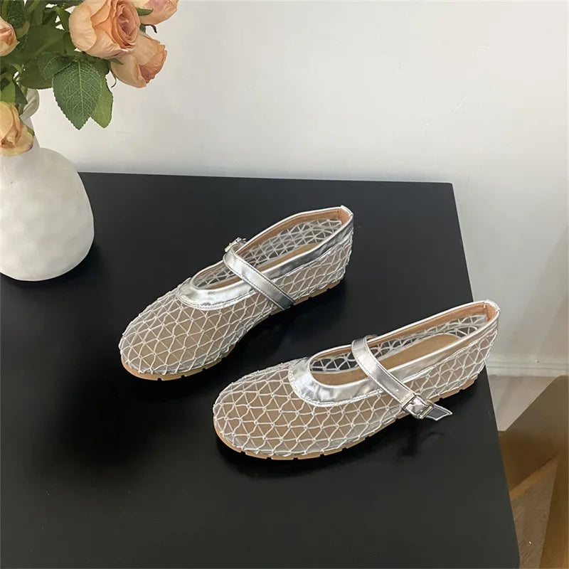 LIZAKOSHT  -  Round Toe Mesh Women Flat Shoes Fashion Summer NEW Breathable Buckle Strap Ladies Footwear Soft Flat Heel Mary Jane Sandals