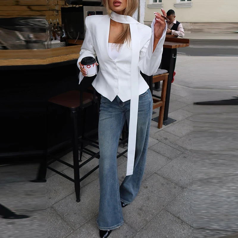 LIZAKOSHT  -  Elegant Ribbon Single Breasted Coat Women Fashion Solid V-neck Long Sleeve Pocket Jackets Female Autumn Chic Casual Streetwear
