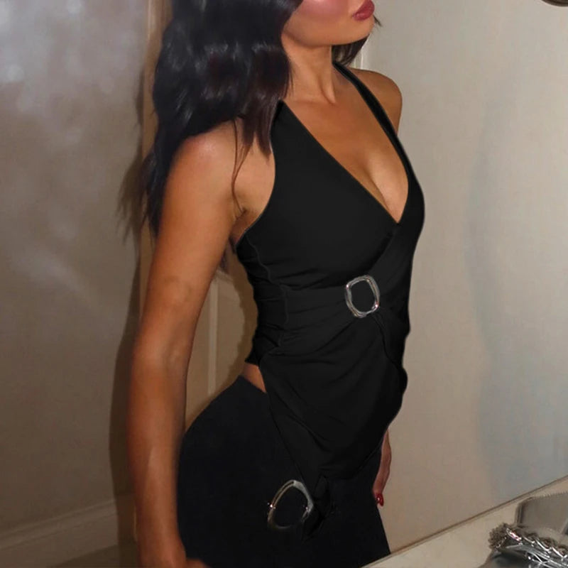 LIZAKOSHT  -  Summer Solid Sleeveless Halter V Neck Backless Buckle Backless Lacing Sexy Crop Top for Women Club Partywear