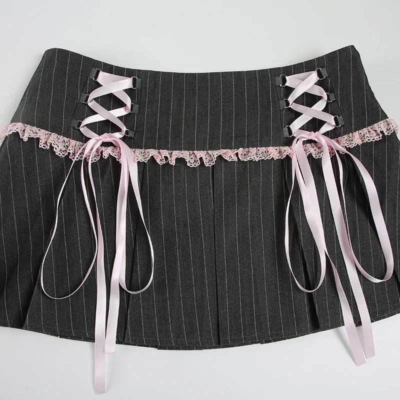 LIZAKOSHT  -  Y2k Girl Lace Bow Low Waist Pleated Striped Skirt Pastel Goth Sweet Pleated Skirt Women Aesthetic Fairy Grunge Elegant Skirt