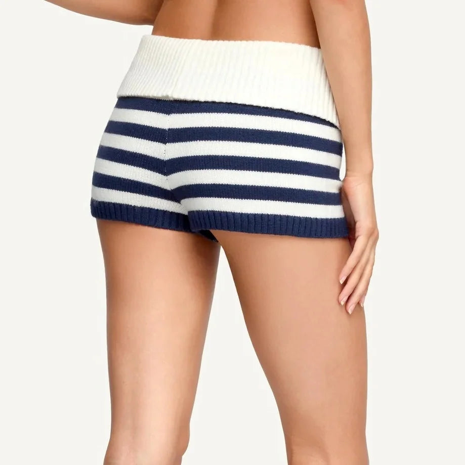 LIZAKOSHT  -  Fashion Womens Knit Shorts Fold Over Low Rise Striped Bodycon Mini Shorts for Daily Office Party Club