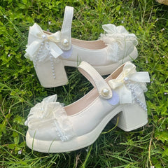 LIZAKOSHT  -  lolita platform heels y2k platform shoes women's shoes with bow luxury heel heeled evening shoe maryjane shoes beige bridal heel