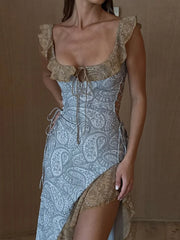 LIZAKOSHT  -  Printed Flounce Lace Up Long Halter Dress Woman Slim Sleeveless Patchwork Color Chic Robes Sexy Beach Vacation Women's Dresses