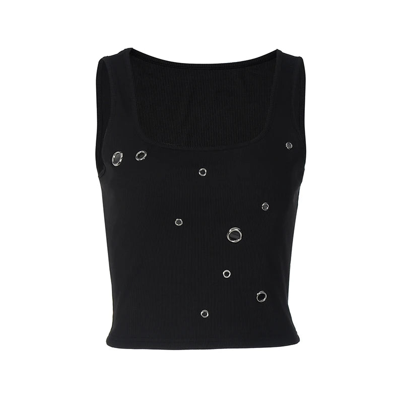 LIZAKOSHT  -  Trend Black Sexy Metal Eyelet Skinny U Collar Sleeveless Strap Short Vest Tank Tops Hottie Y2K Casual Rave Party Streetwear