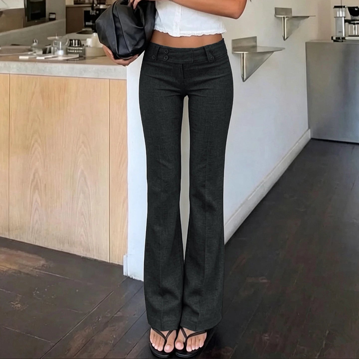LIZAKOSHT  -   Women Low Waist Flare Suit Pants Double Button Slim Bootcut Trousers Solid Dark Gray Vintage Office Business Casual Streetwear