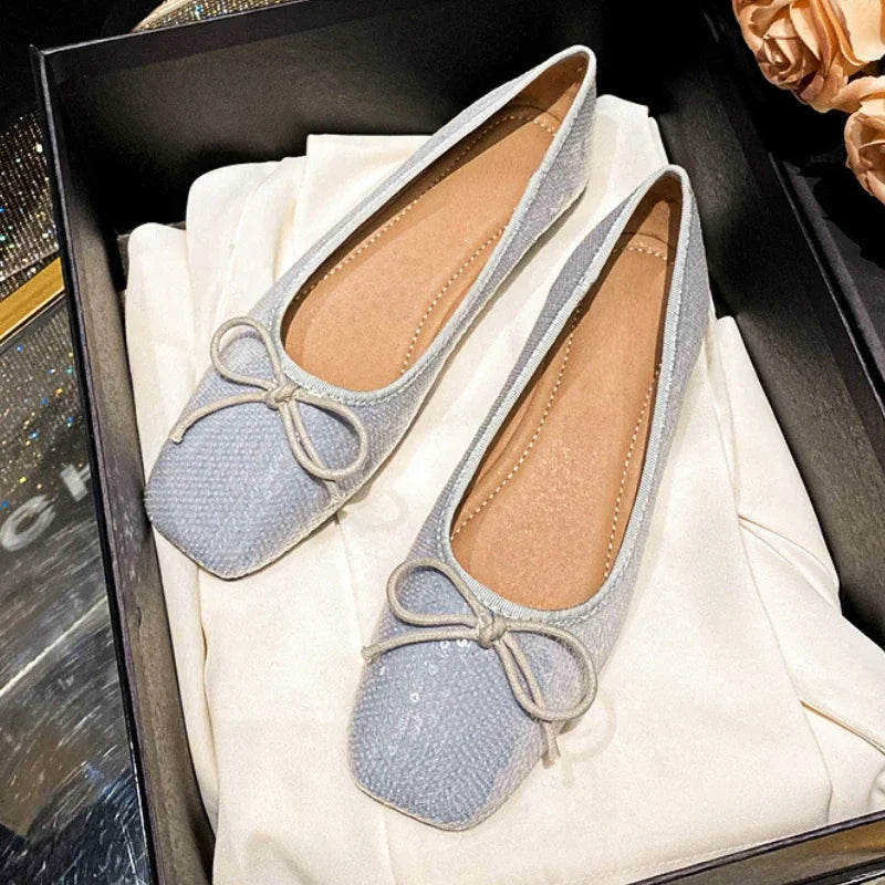 LIZAKOSHT  -  Bling Ballet Flats Women Shoes Square Toe Shiny Spring Autumn Footwear Women Shallow Fashion Comfort Sweet Bow Mary Jane Shoes