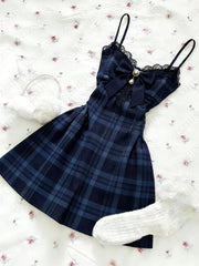 LIZAKOSHT  -  Blue plaid Bows Lace Dress Subculture Vintage Streetwear Kawaii Sexy Suspender Checkered Dresses Aesthetic Sweet Y2k Short Dress