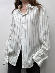 LIZAKOSHT  -  Striped Print Loose Shirt for Women Casual Single-breasted Oversized Blouses Streetwear Fashion Turn-down Neck Top