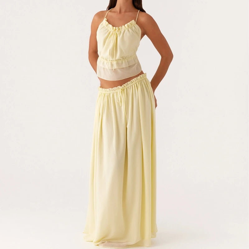 LIZAKOSHT  -  Women 2 Piece Set Summer Outfits Elegant Ladies Sleeveless Tie Front Camis Backless Crop Tops + Long Skirt Beachwear