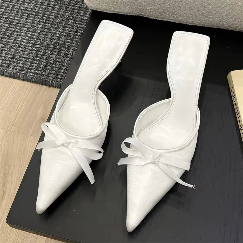 LIZAKOSHT  -  Spring Summer Silk Butterfly-knot Women's Slippers Sandals Pointed Toe High Heel Pumps Ladies Stripper Mules Shoes