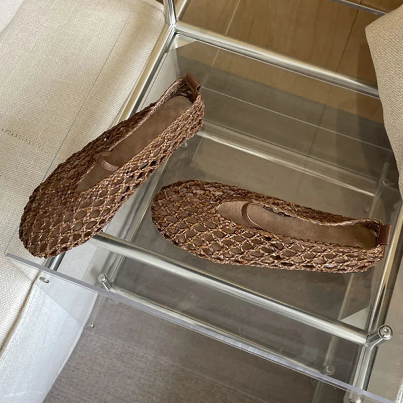 LIZAKOSHT  -  Summer Fashion Round Toe Weave Mesh Hollow Flat Women Loafers Slip On Female Casual Beach Shoes Sandals Zapatos De Mujer