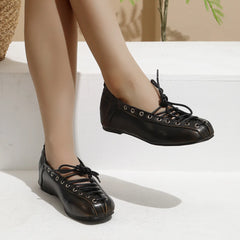 LIZAKOSHT  -  Brand New Vintage Brown 3cm Inner Heels Mary Janes Shoes Women Retro Cross tied Black Flats Shoes Comfy Walk Footwear