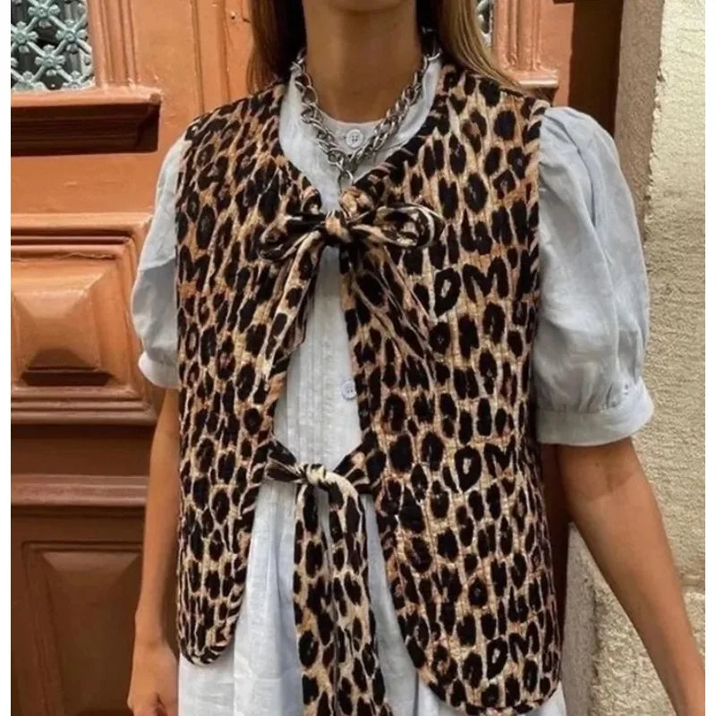 LIZAKOSHT  -  Women's Autumn Spring Top Coat Vest Leopard Print Tie Comfortable Casual Design Fashion Advanced Soft Niche Versatile Skinny