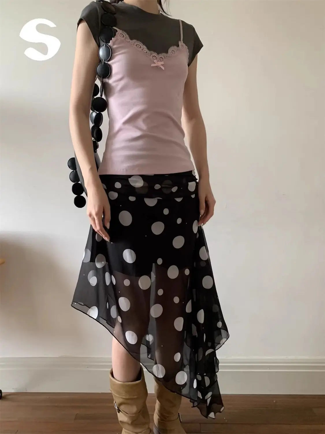 LIZAKOSHT  -  summer fashion on the new Korean wear black polka dot irregular mesh stitching design long skirt skirt