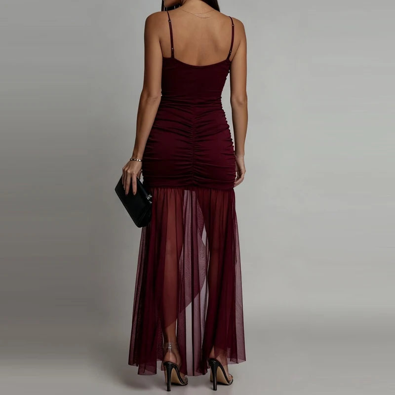 LIZAKOSHT  -  Perspective sleeveless high street style dress with high waist suspender mesh pleated sexy dress summer new evening dress