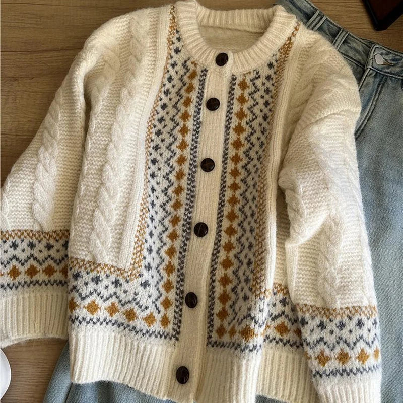 LIZAKOSHT  -  Vintage Jacquard Knit Cardigan Women Loose Casual Lazy Wind Print Button Pullovers Korean Long Sleeve Baggy Aesthetic Outwear