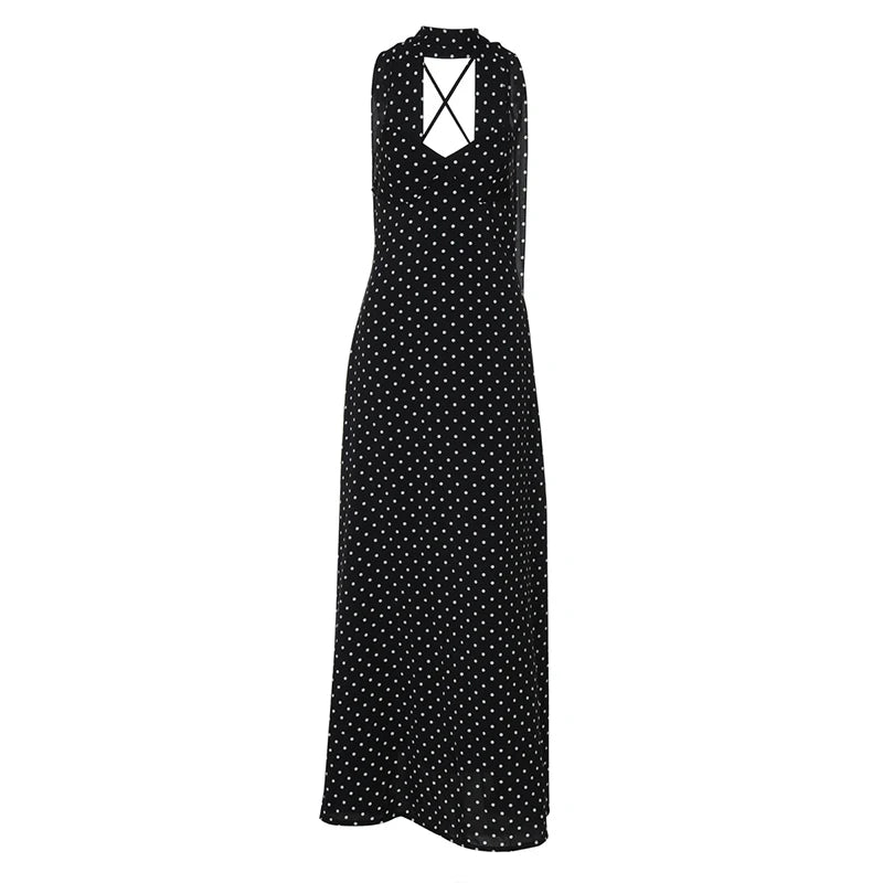 LIZAKOSHT  -  Temperament Vintage Polka Dot Print V-neck Open Back Sleeveless Long Dress With Ribbon Women's Vacation Party Vestidos