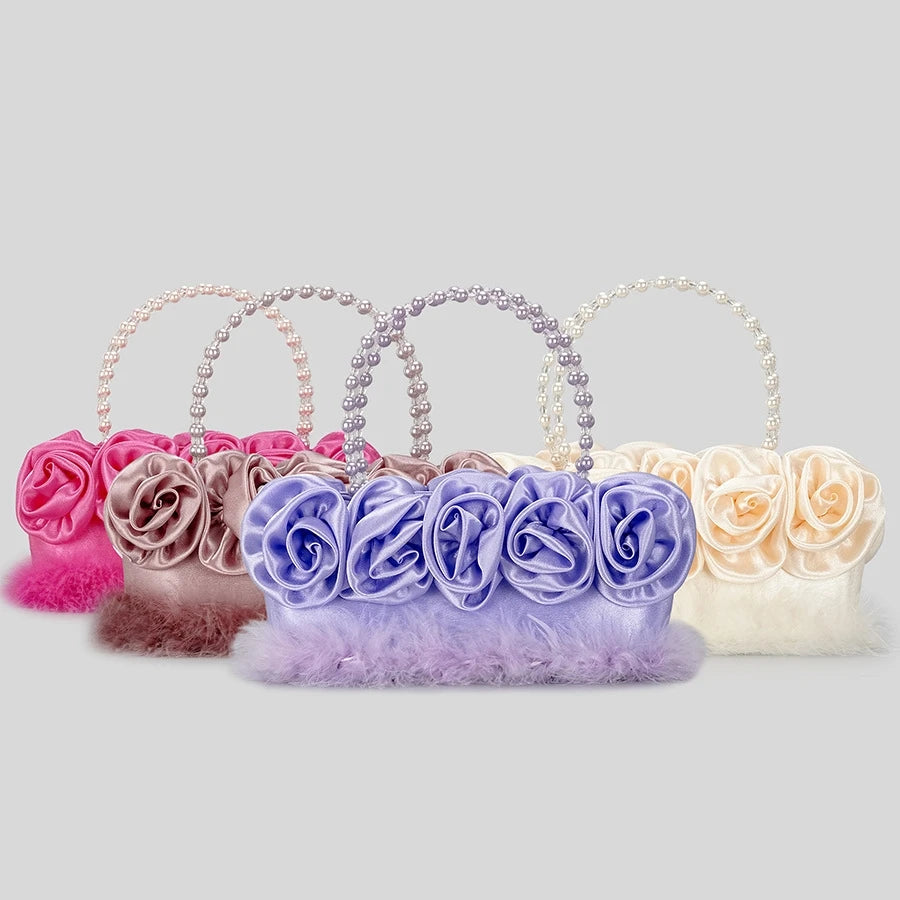 LIZAKOSHT  -  Trendy Designer Stain Flower Evening Handbags and Purses New Feather Fur Wedding Clutch Pearl Handle Totes High Quality