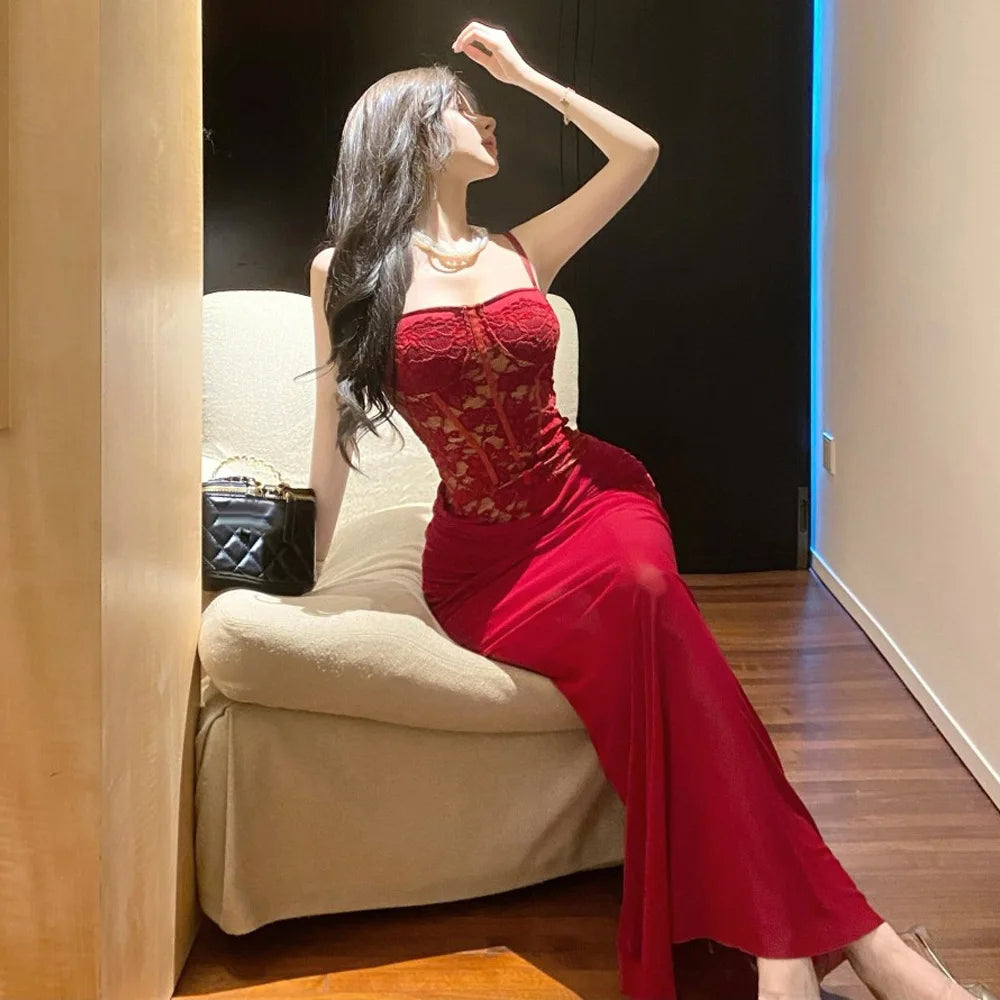LIZAKOSHT  -  Women's Pure Desire Wind Red Lace Waist Dress Dress