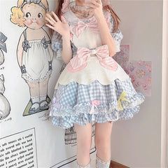 LIZAKOSHT  -  Japanese style Lolita cosplay sweet girls OP plaid doll collar puff sleeves polka dot lace ruffled striped bow star button dress