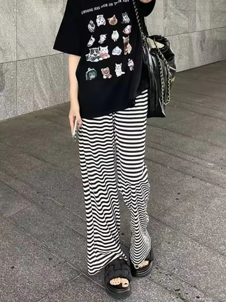 LIZAKOSHT  -  Casual Women Fashion Black Striped Drawstring Wide Leg Trousers Summer Vintage High Waist Female Chic Bottoms