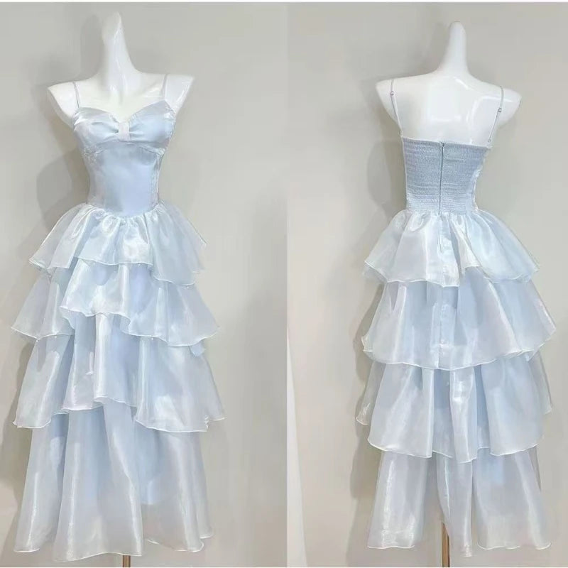 LIZAKOSHT  -  Energetic Sweet High-end Temperament Blue Fairy Dress Minimal Elegant Gentle Slim Fashion Kawaii Patchwork Slip Dresses Women