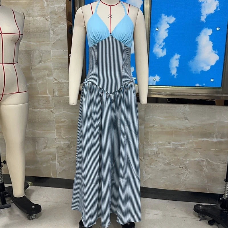 LIZAKOSHT  -  Women Halter Neck Striped Backless Maxi Dress Summer Sleeveless Long Dress Vacations Outdoor Backless Flowy Dress