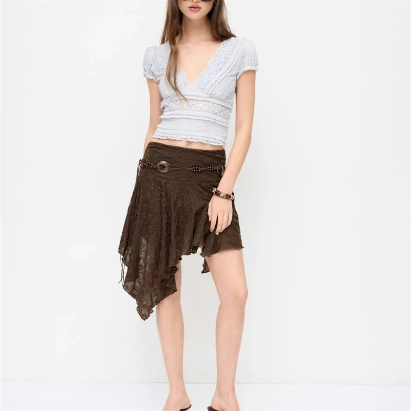 LIZAKOSHT  -  Womens Asymmetrical Hem Skirt Boho Lace Low Rise Floral Midi Skirt with Belt for Casual Bohemian and Daily Wear