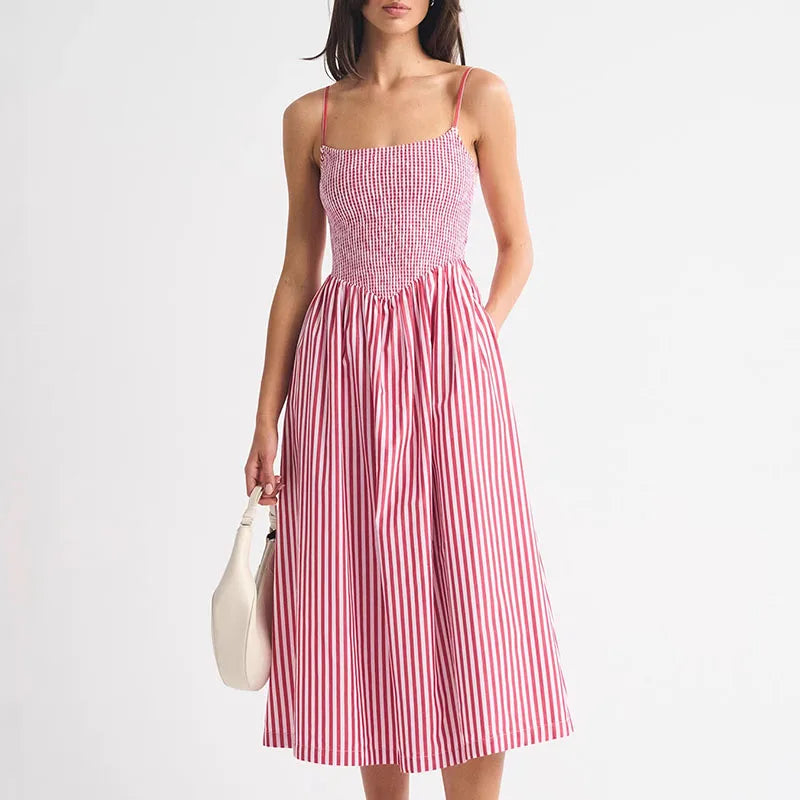 LIZAKOSHT  -  Women Elegant Hight Waist Draped Holiday Dress Fashion Striped Print Sleeveless Long Dress Sexy Off Shoulder Summer Party Dress