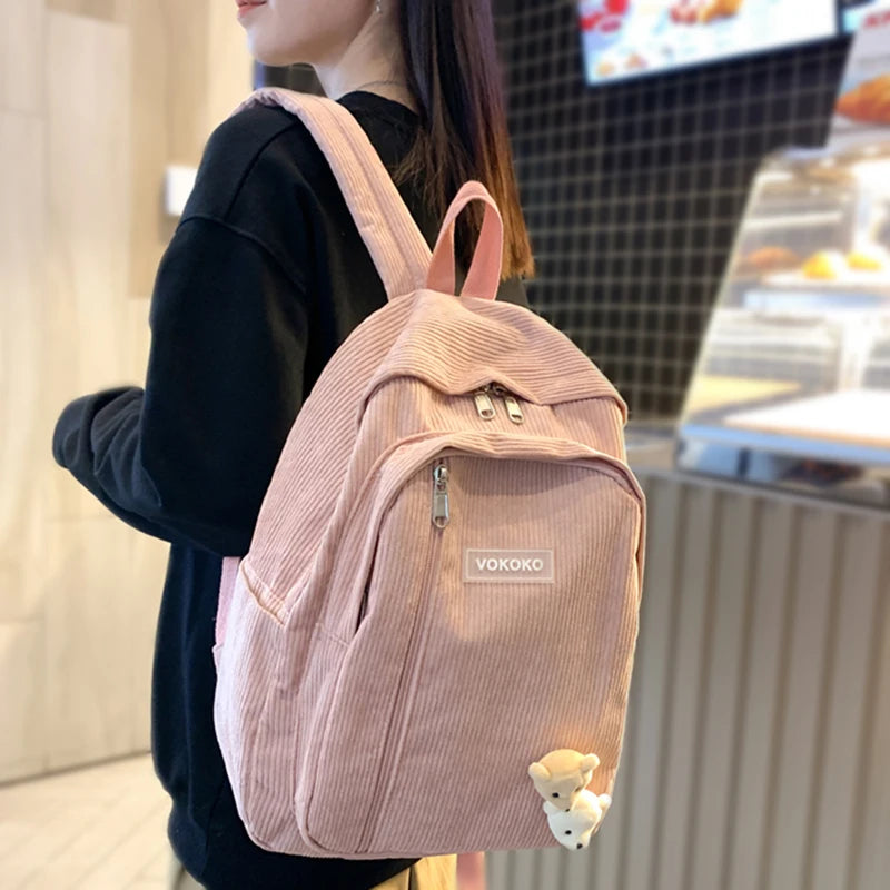 LIZAKOSHT  -  Stripe Cute Corduroy Woman Backpack Schoolbag For Teenage Girls Boys Luxury Harajuku Female Fashion Bag Student Lady Book Pack
