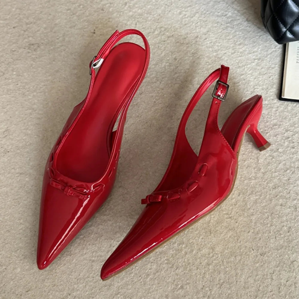 LIZAKOSHT -  Spring Brown Fashion Slingbacks Thin Low Heels Elegant Butterfly-knot Buckle Strap Woman Pumps Party Wedding Shoe