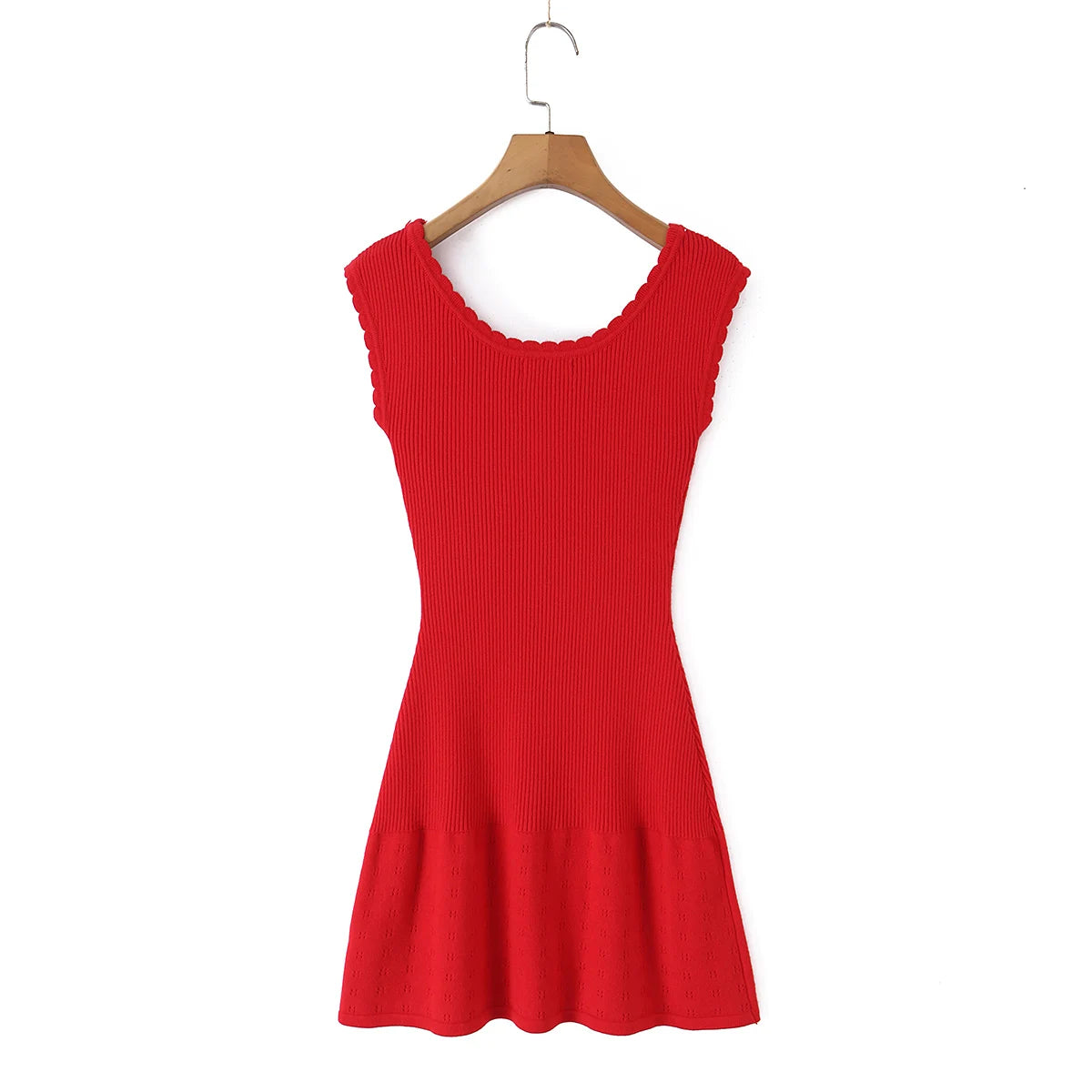 LIZAKOSHT  -  CHIC Wave O neck Rib Knitted Mini Sleeveless Dress Women Slim Waist Spliced Ruffles A-line Hem Knitting Dresses Short Sun Robe