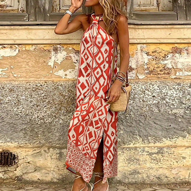 LIZAKOSHT  -  Chic Geometry Printed Casual Halter Dress Summer Sleeveless Loose Women's Vestidos Dress Elegant Hollow Out Split Evening Dress
