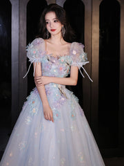 French Style Blue Flower Princess Evening Dress Women Puff Sleeves Appliques Bandage Ball Dresses Exquisite Sweet Birthday Gown
