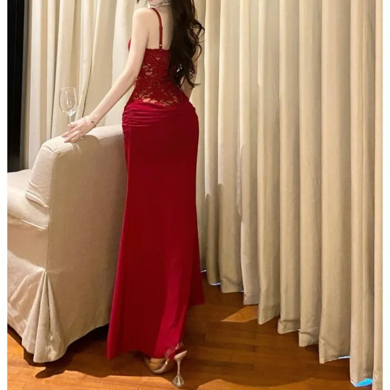 LIZAKOSHT  -  Women's Pure Desire Wind Red Lace Waist Dress Dress