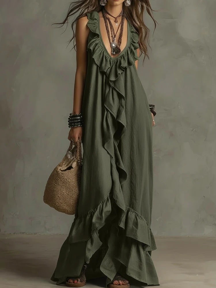 LIZAKOSHT  -  Lady Fashion Ruffle Trim Vacation Long Dress Bohemian Style Loose Summer Dress  Elegant Deep V Neck Sleeveless Solid Party Dress