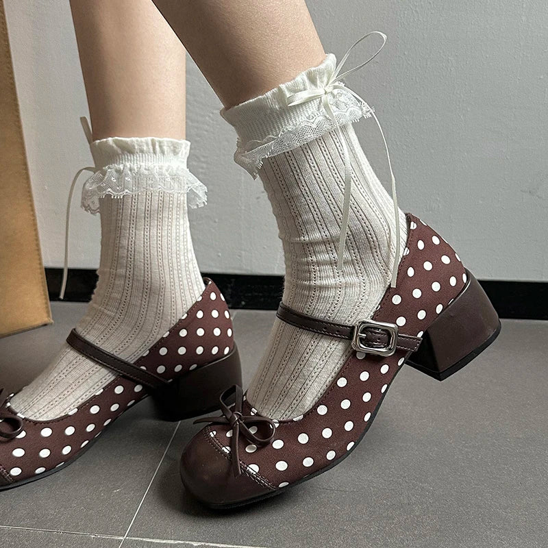LIZAKOSHT  -  Cute Polka Dot Thick Heel Women Mary Jane Shoes Designer Buckle Strap Pumps Ladies Eelgant Butterfly-knot Dress Single Shoes