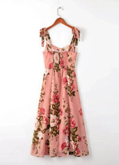 LIZAKOSHT  -  Women Tie Bow Strap Sleeveless Sexy Beach Robe Holiday Retro French Pink Flower Print V neck Corset Chest Style Midi Sling Dress