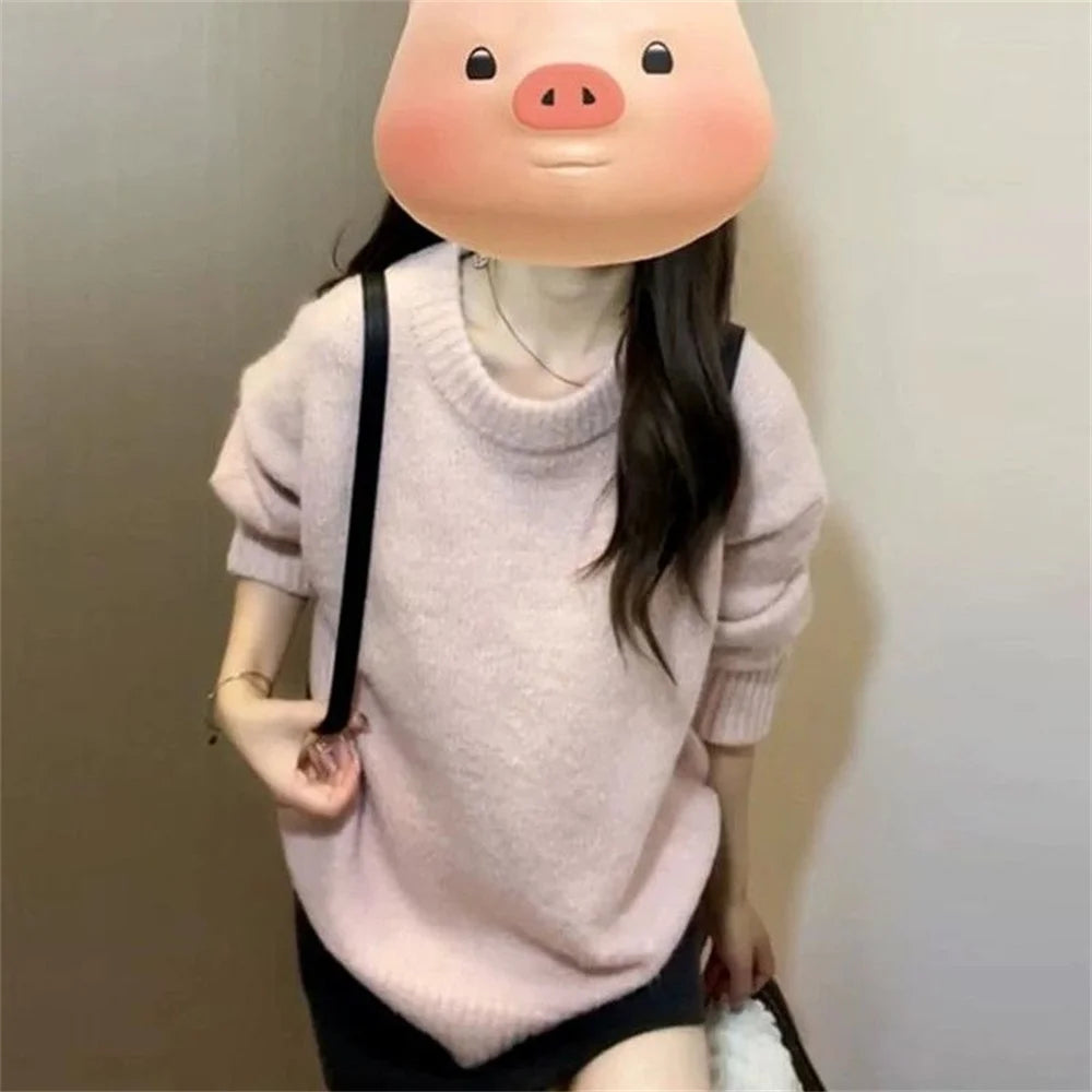 LIZAKOSHT  -   Pink Knitted Pullover Tops Autumn Winter O-neck Women's Sweater Long Sleeves Solid Elegant Korean Casual Female Sweet Pullovers