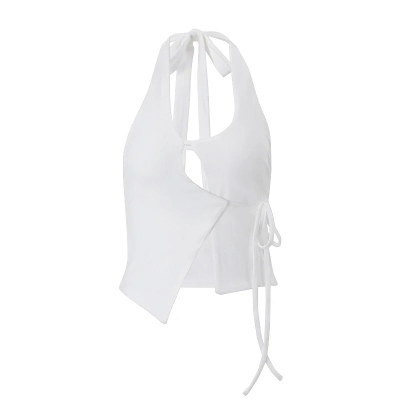 LIZAKOSHT  -  Summer Hot Sexy Halter Backless Asymmetrial Lace Up Solid Crop Top Low Cut Club Streetwear Camisole 2025