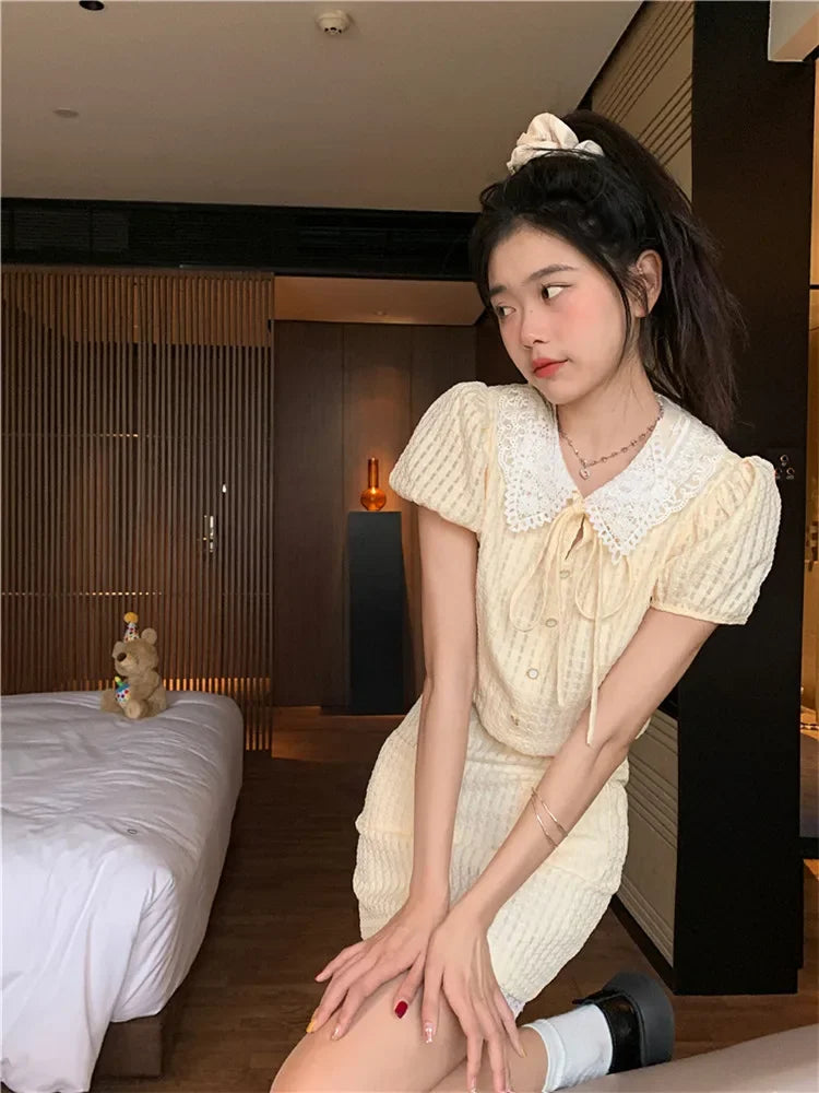 LIZAKOSHT  -  Summer Yellow Fashion 2 Piece Sets Cute Girl Short Puff Sleeve Lace Doll Collar Shirt Top&Mini Skirt 2pc Dress Suits
