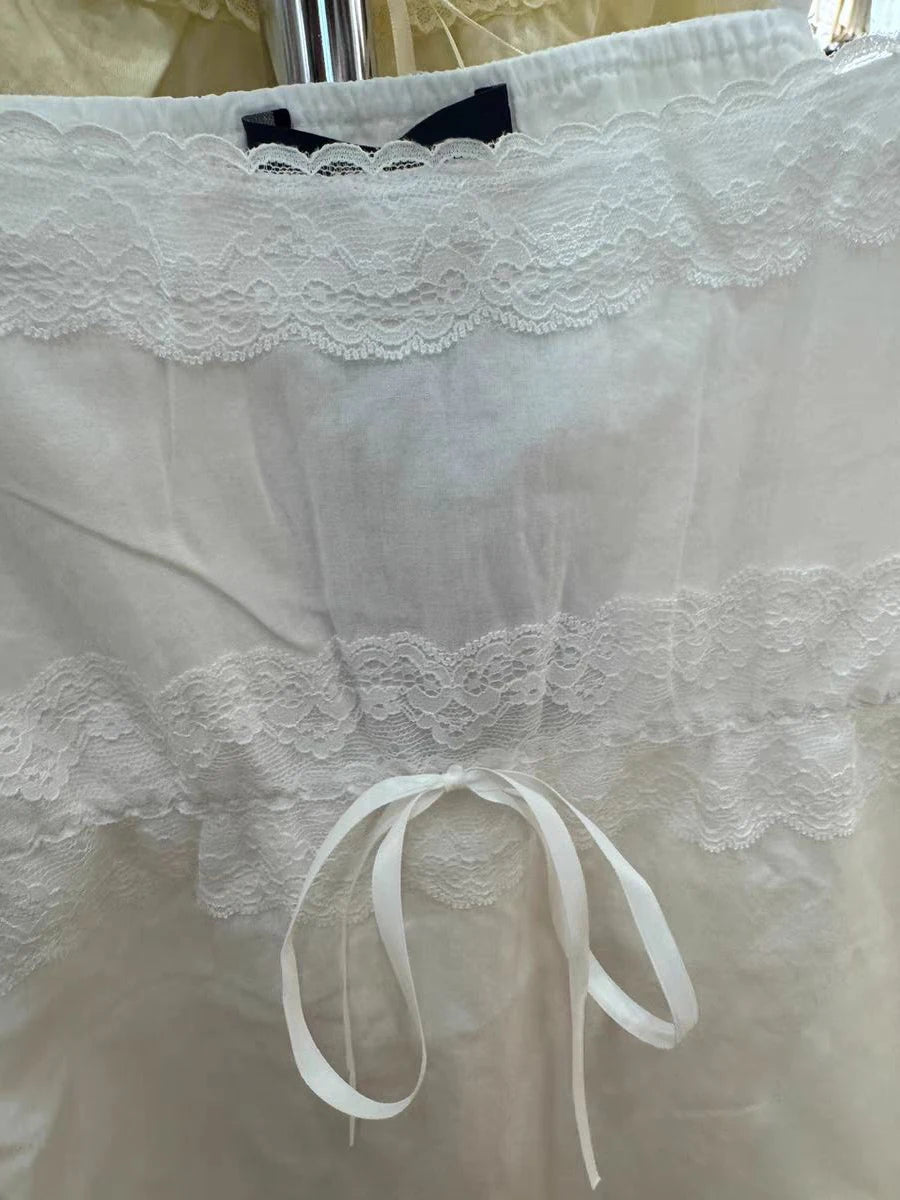 LIZAKOSHT  -  Lace Trim Drawstring Slim Tank Tops Women Summer White Cotton Sleeveless Camisole Female Vintage Simple Solid Sweet Vest New