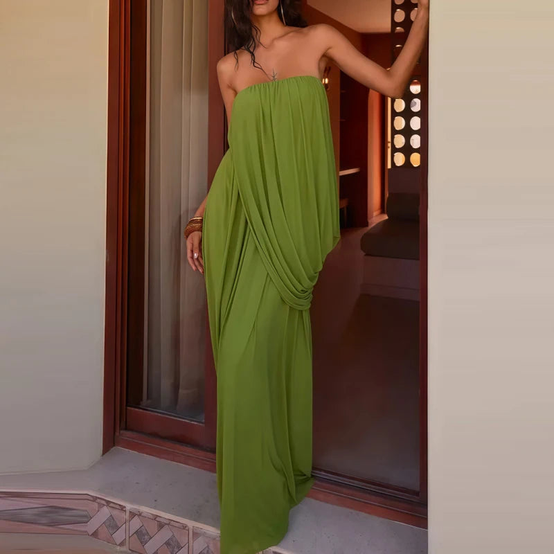 LIZAKOSHT  -  Women Elegant Draped Design Split Long Dress Summer Fashion Backless Party Dress Strapless Sleeveless Solid Color Cocktail Dress