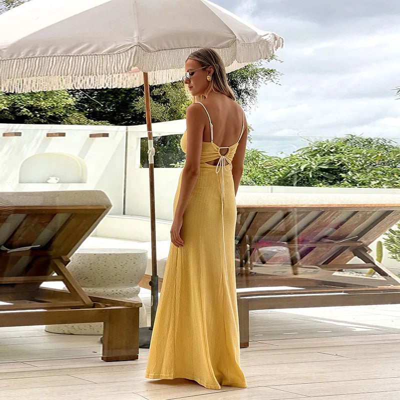 LIZAKOSHT  -  Knitted Sexy Backless Bandage Women Dress Yellow Spaghetti Strap Evening Dress Spring Slim Elegant Vacation Beachwear