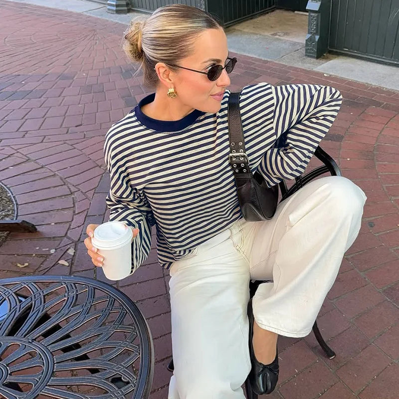 LIZAKOSHT  -  Casual Striped T-shirts for Women 2025 Autumn O-neck Long Sleeve Loose Tops Tees Female Contrast Color T Shirt Streetwear