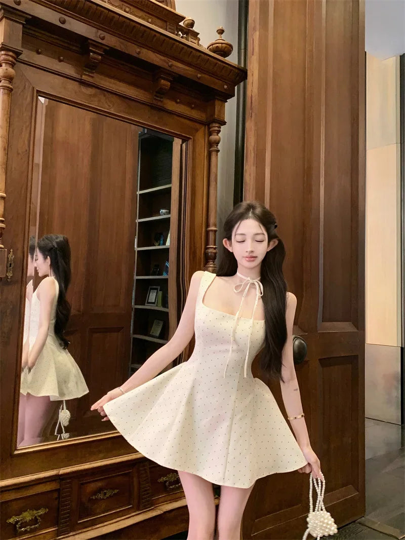 LIZAKOSHT  -  Original High Quality French Polka Dot Strap Dress Women's Summer Sexy Slimming Short Skirt Mini Dress Square Collar Sleeveless