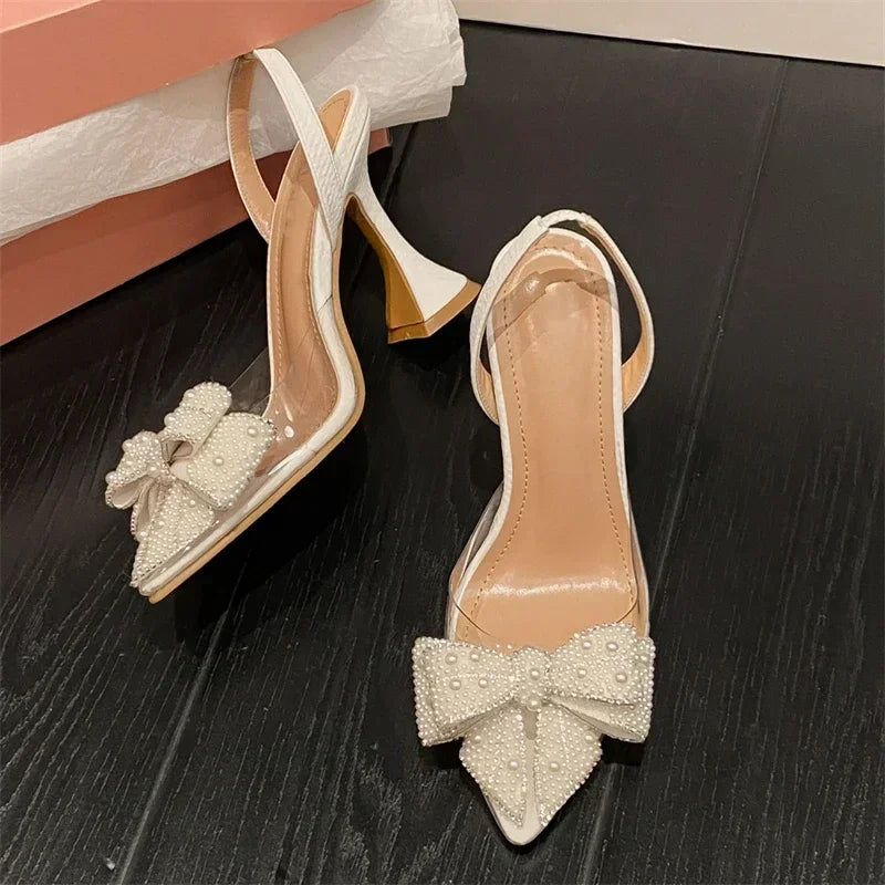 LIZAKOSHT  -  Fashion Butterfly-knot String Bead Women Sandals PVC Transparent High Heels Summer Pointed Toe Pumps Dress Shoe Zapatos De Mujer